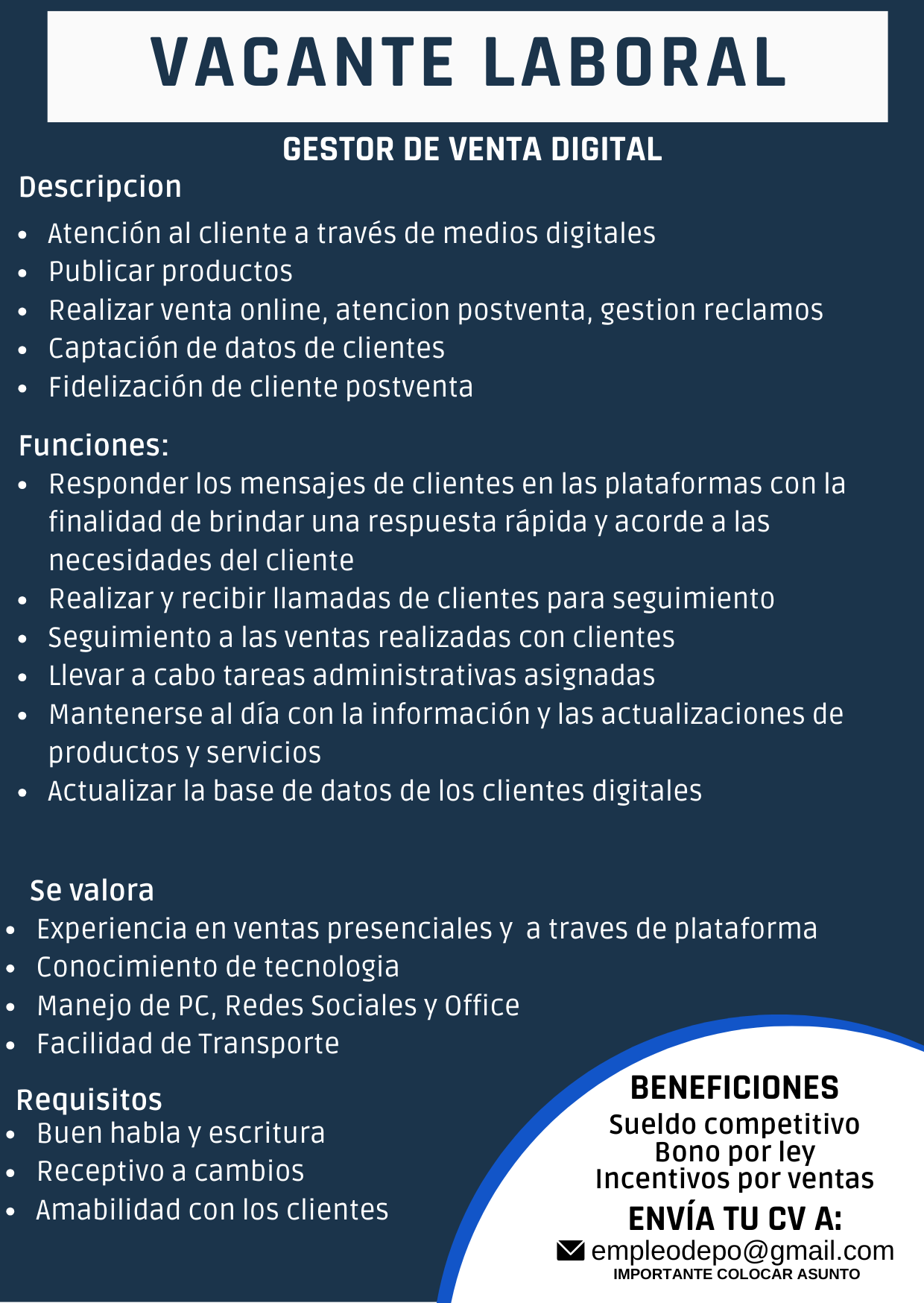 empleos disponibles - Gestor de venta de productos