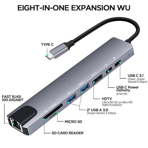 accesorios para electronica - Adaptador USB-C 8 en 1 para MacBook iPads Tablets TV & Laptop 