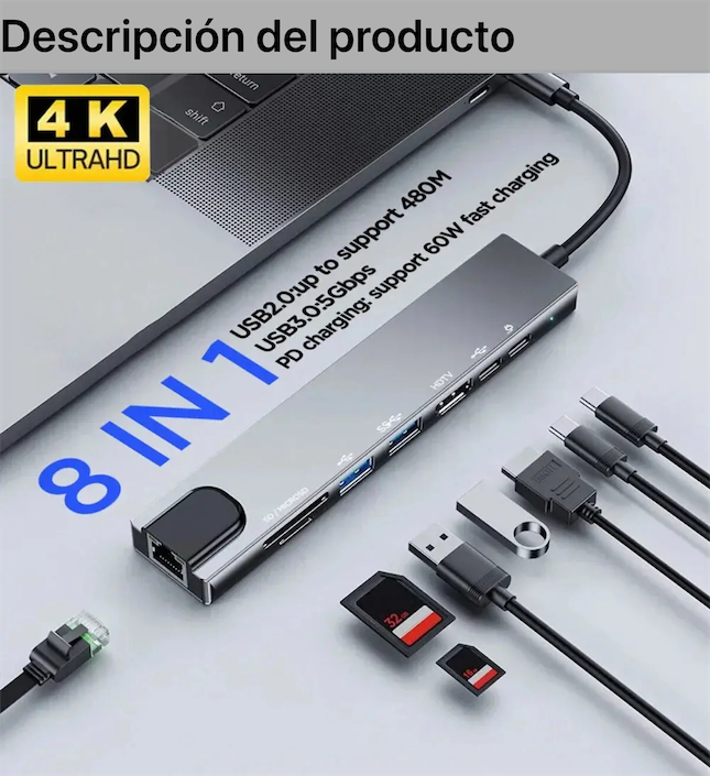 accesorios para electronica - Adaptador USB-C 8 en 1 para MacBook iPads Tablets TV & Laptop  2