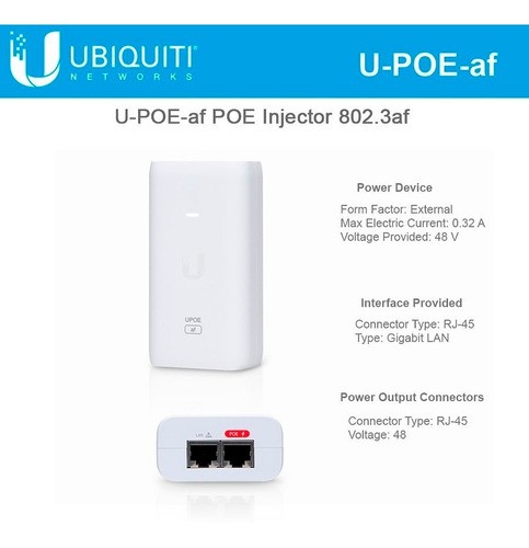 computadoras y laptops - UBIQUITI U-POE-AF POWER OVER ETHERNET INJECTOR - 110 V AC, 220 V AC INPUT - 48 V