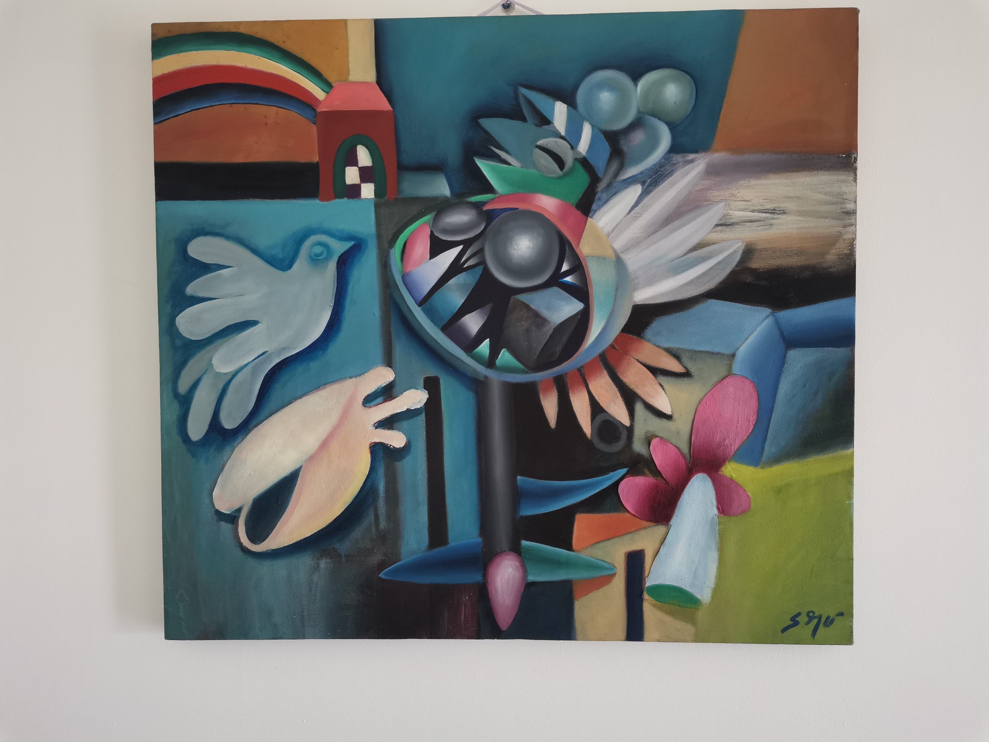 arte y antigüedades -  cuadro Gallo y arcoíris, José Sejo Aguasvivas 26x29 pulg Oleo sobre tela