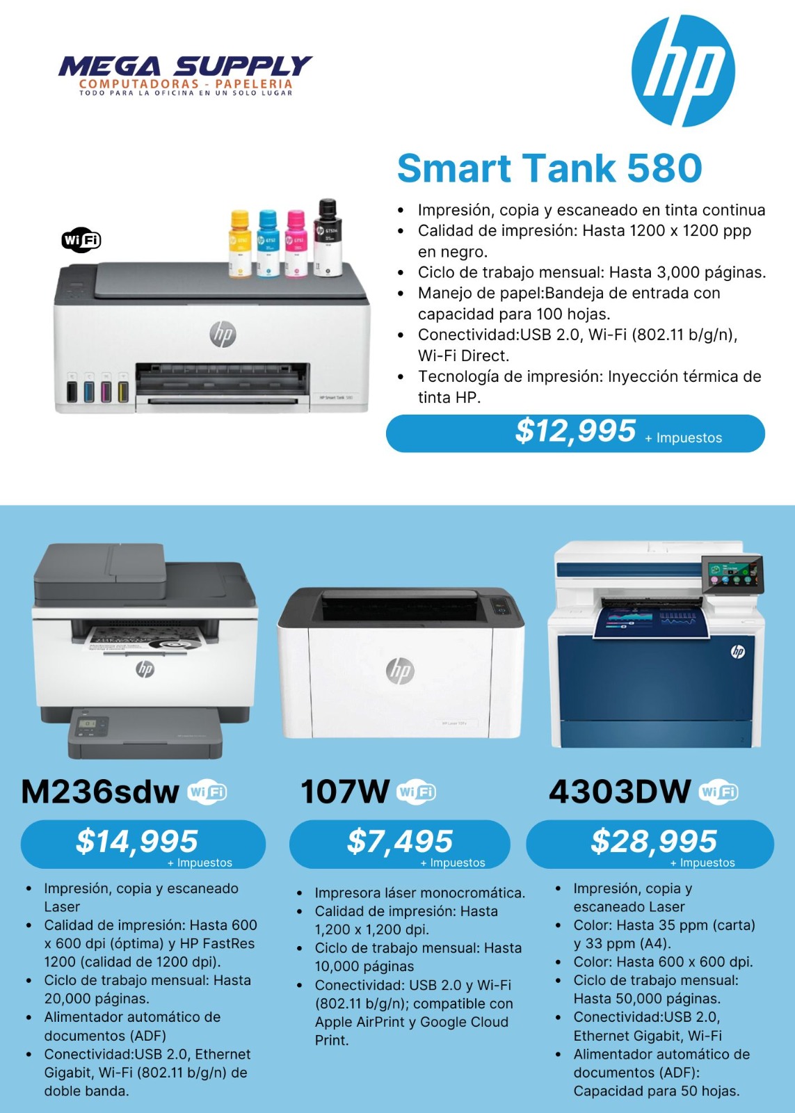 impresoras y scanners - MULTIFUNSIONALES LASER Y DE BOTELLA HP  WI-FI