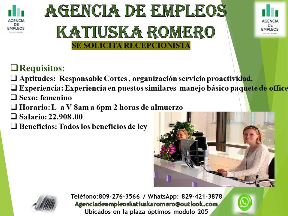 empleos disponibles - SE REQUIERE UNA RECEPCIONISTA  1