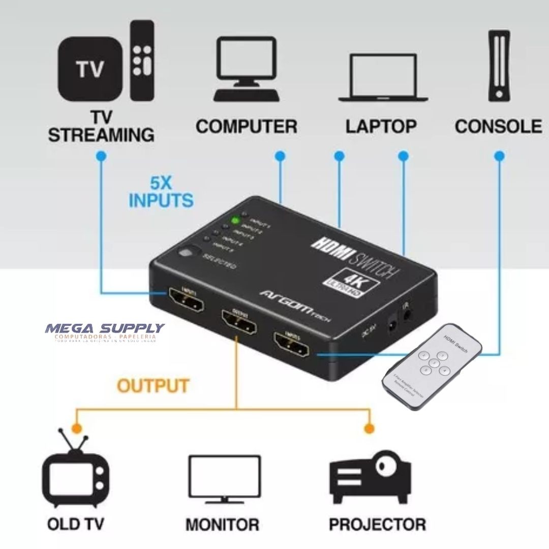 impresoras y scanners - SPLITTER HDMI 5 PUERTOS 4K HD, 5 ENTRADAS  T 1 SALIDA,PARA CONECTRA 5 EQUIPOS 