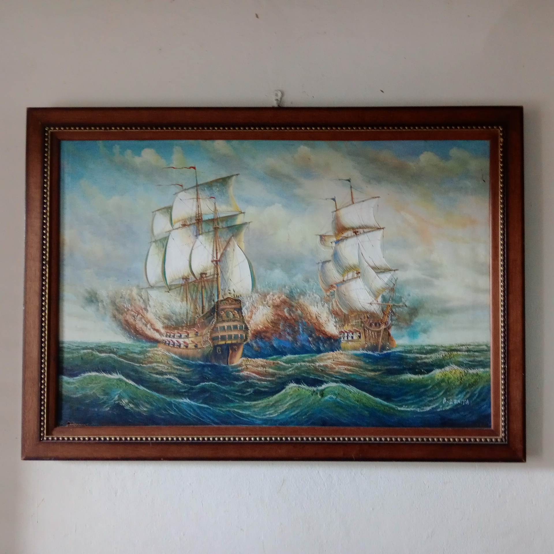 arte y antigüedades - Pintura en relieve óleo ,cuadro Barcos piratas en guerra en altamar  0