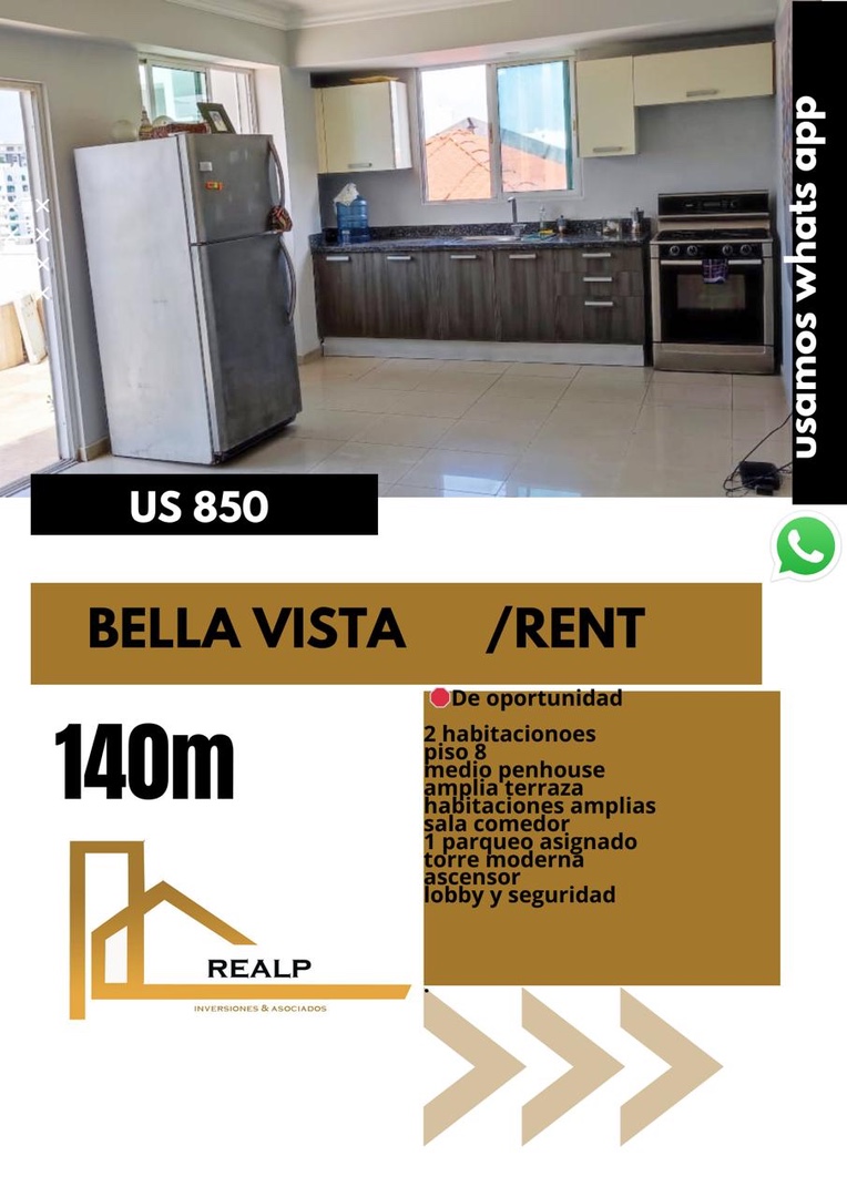 apartamentos - Apartamento en bella vista 2 hab  0