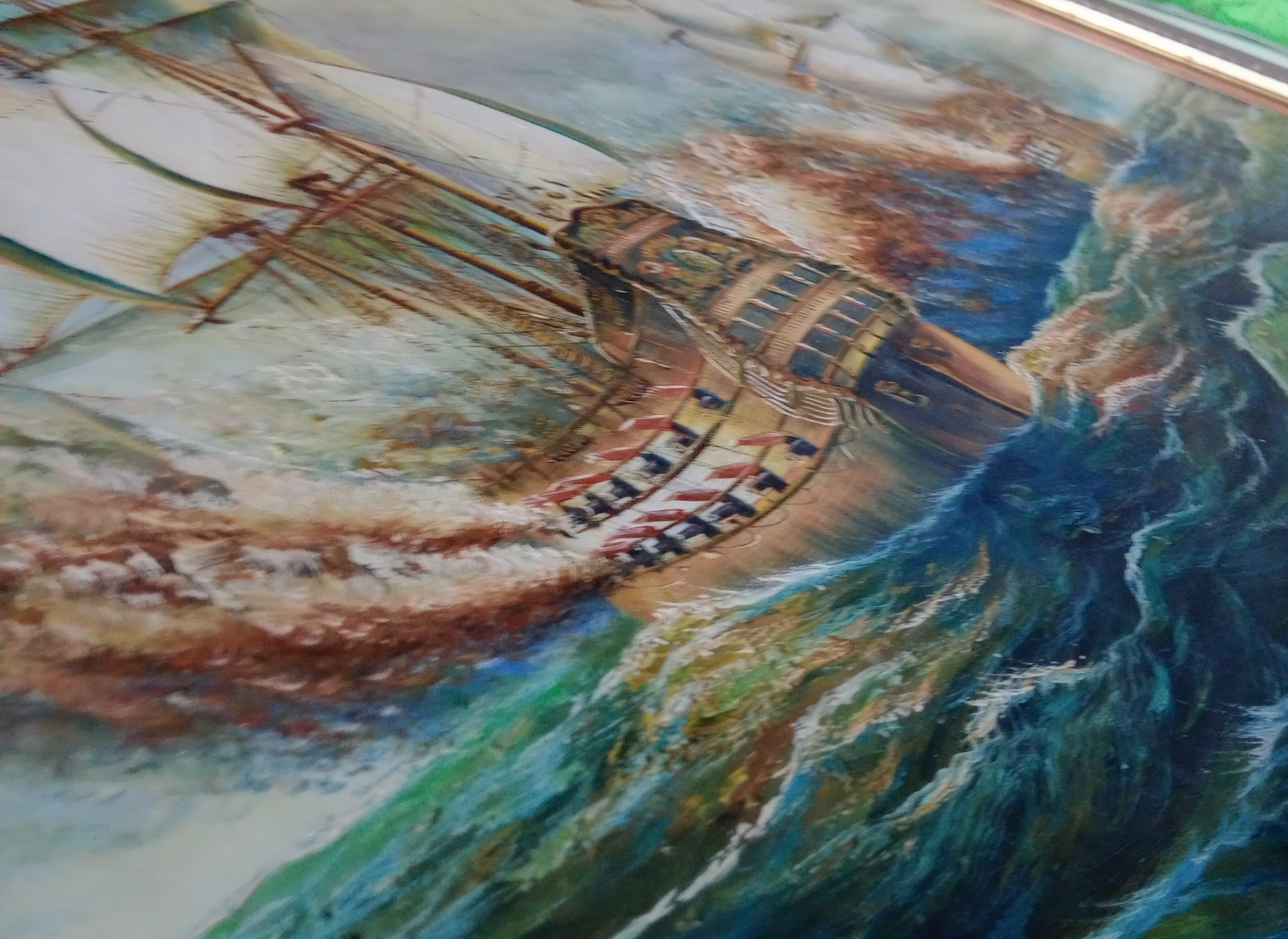 arte y antigüedades - Pintura en relieve óleo ,cuadro Barcos piratas en guerra en altamar  2