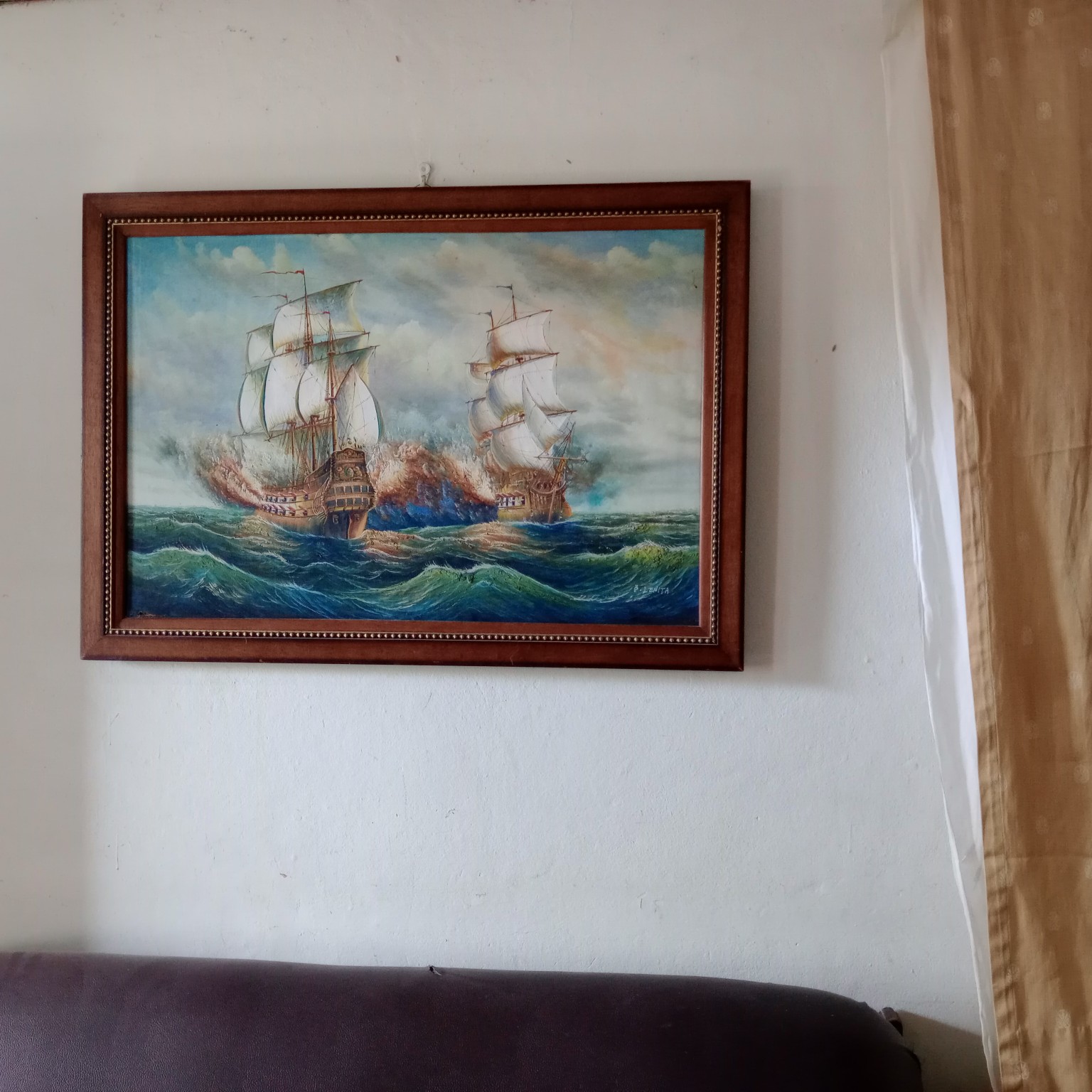 arte y antigüedades - Pintura en relieve óleo ,cuadro Barcos piratas en guerra en altamar  3