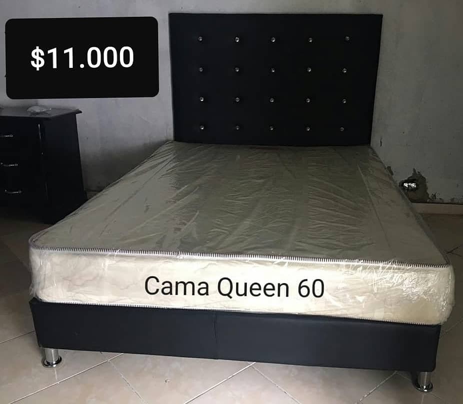 muebles y colchones - Cama Queen 60 Tapizada Nueva Negro Blanco y Gris 