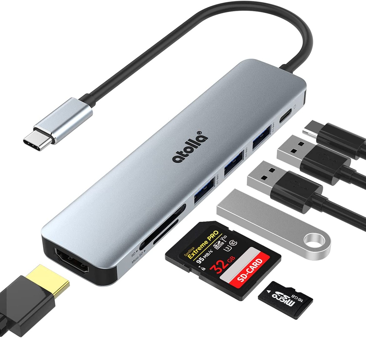 accesorios para electronica - 7 en 1 Adaptador USB C. HDMI 4K, 100W PD Carga, 3xUSB, tarjeta SD y microSD