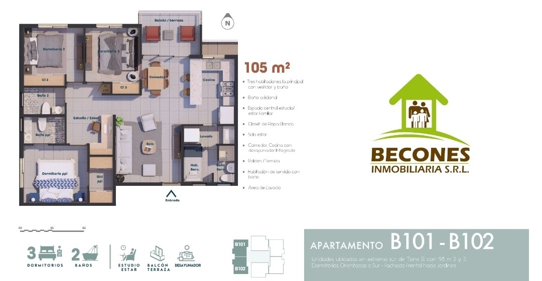 apartamentos - Apartamentos de 105 Metros de construcción.  3