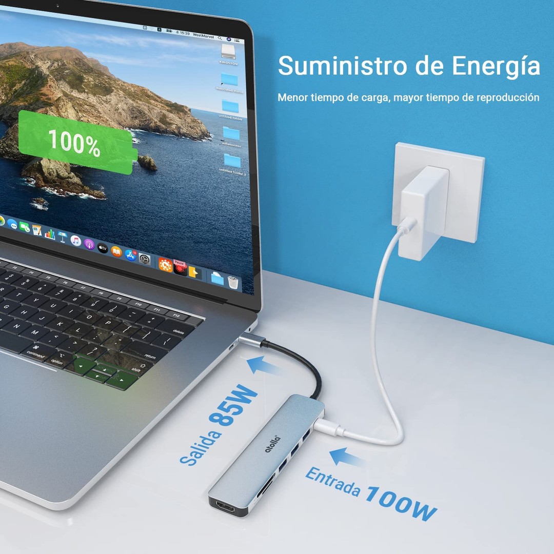 accesorios para electronica - 7 en 1 Adaptador USB C. HDMI 4K, 100W PD Carga, 3xUSB, tarjeta SD y microSD 3