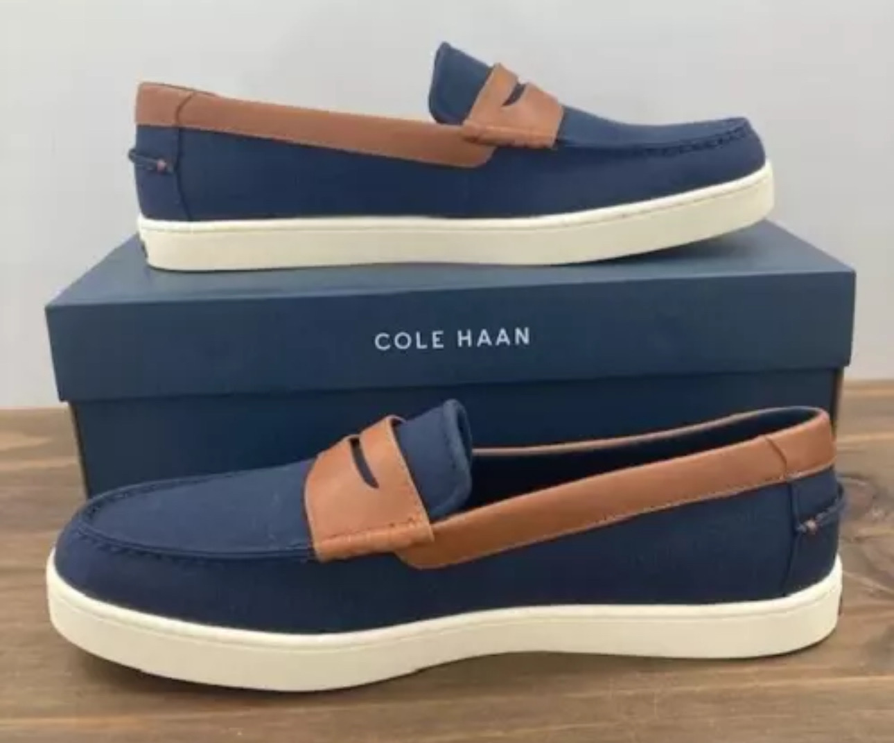 zapatos para hombre - COLE HAAN Shoes Men 10.5 Navy/Tan Nantucket Penny Loafers Slip On Comfort C38570 0