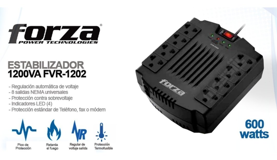 computadoras y laptops - REGULADOR DE VOLTAJE FORZA 1200VA, REGLETA 8XTOMAS + 2 PUERTOS USB 110V/600W/320 0