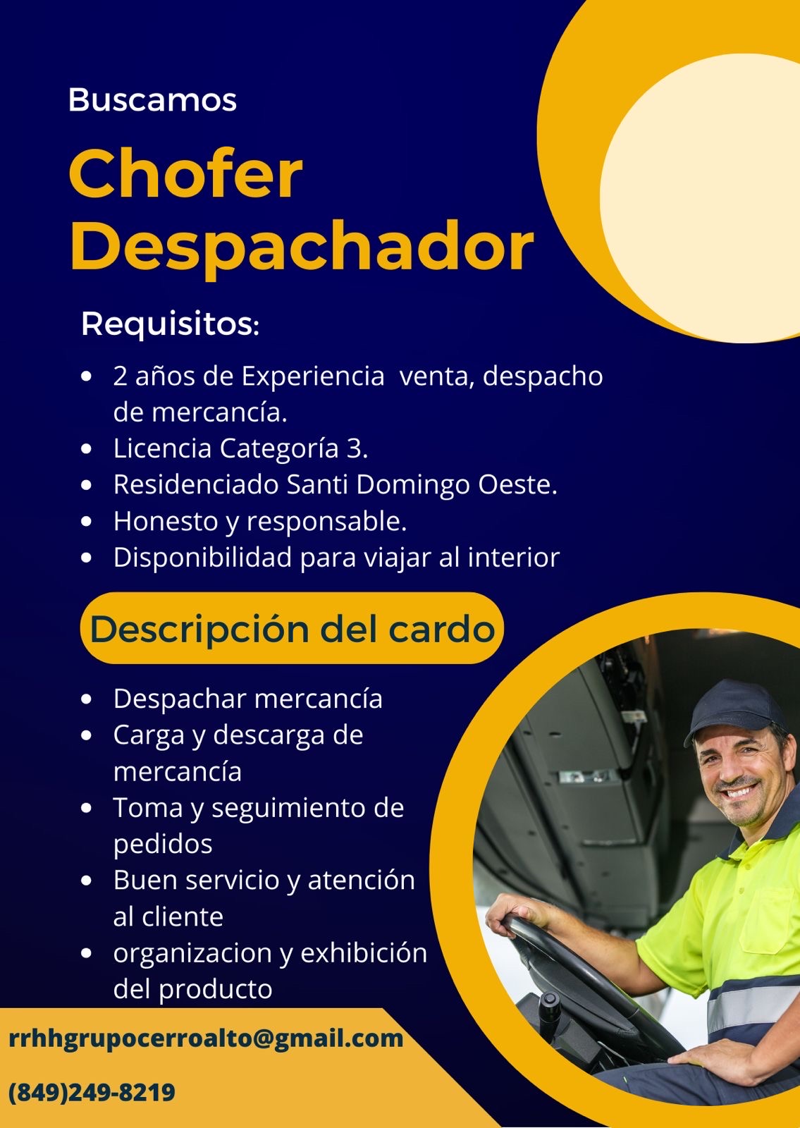 empleos disponibles - Chofer/vendedor