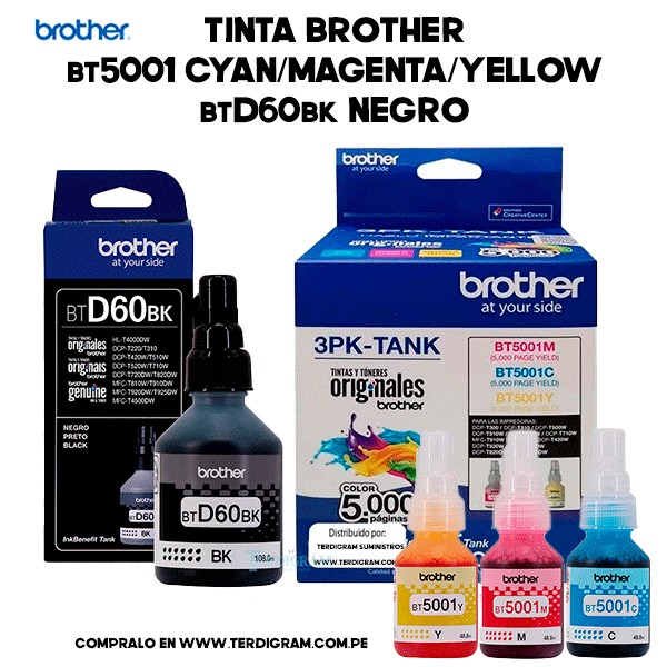 impresoras y scanners - BOTELLA DE TINTA ORIGINALES  BROTHER-BTD60BK -  BT5001,NEGRO,AZUL ,AMARILLO,MAGE