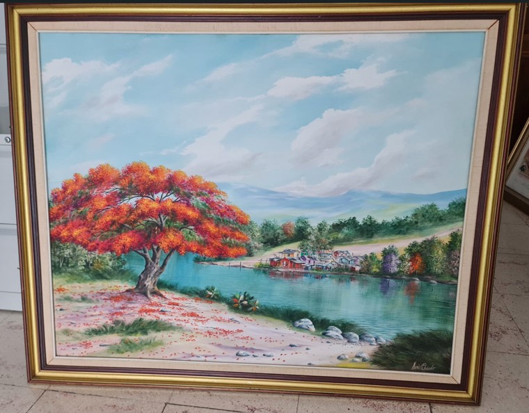 arte y antigüedades - cuadro original Nuris Oviedo paisaje vibrante que destaca majestuoso franboyan