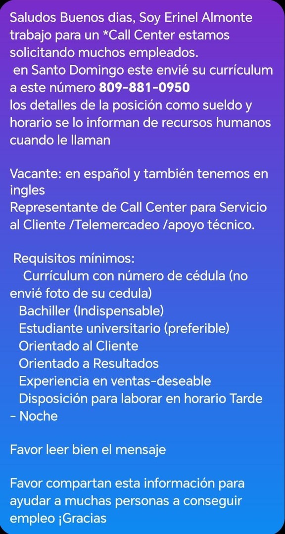 empleos disponibles - Solo para personas que vivan en santo domingo este más o menos hainamosa 

CaCen