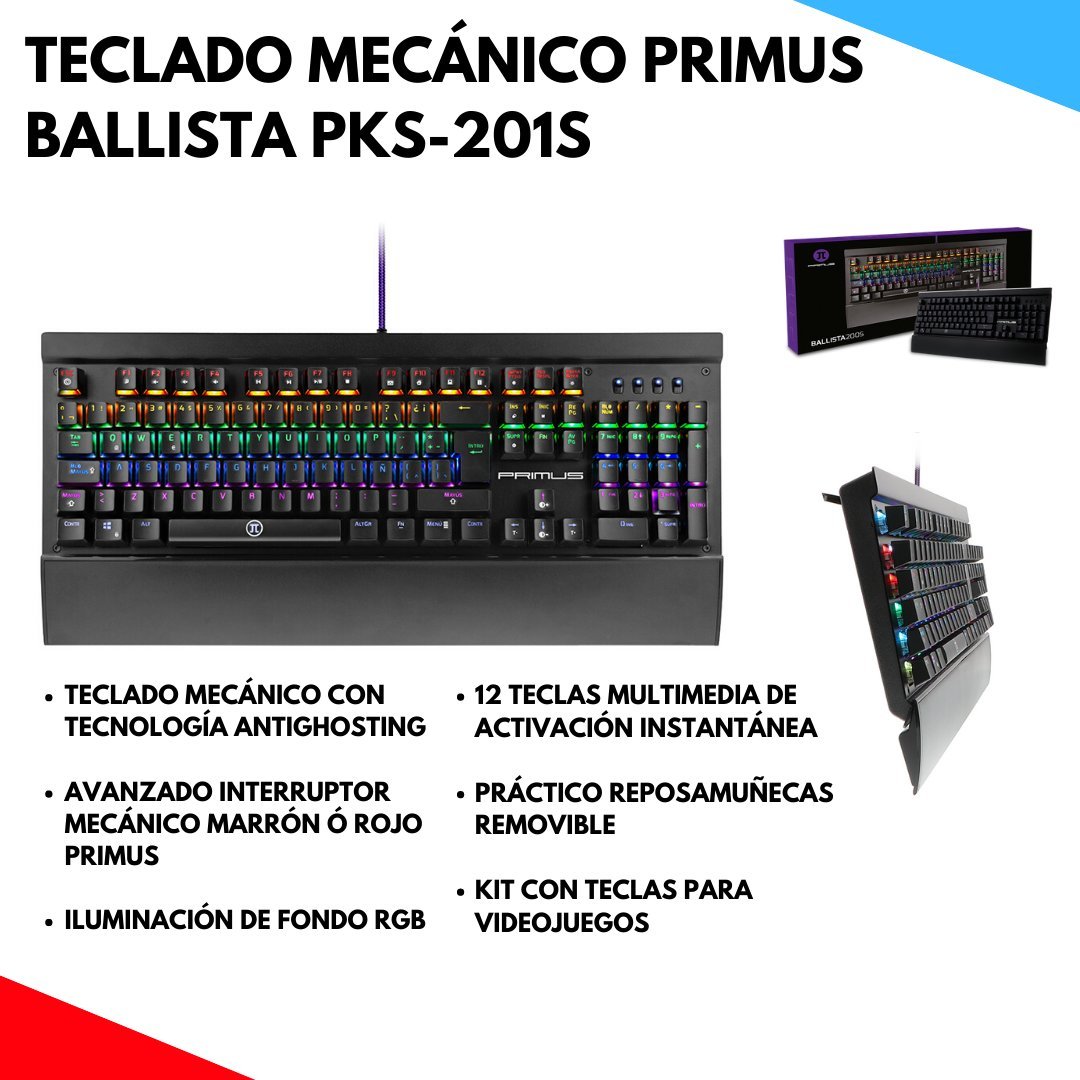 computadoras y laptops - TECLADO PRIMUS GAMING, USB, CON ILUMINACION RGB CONFIGURABLE, REPOSO PARA MUÑECA