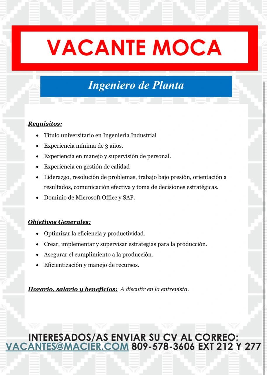 empleos disponibles - Ingeniero de Planta