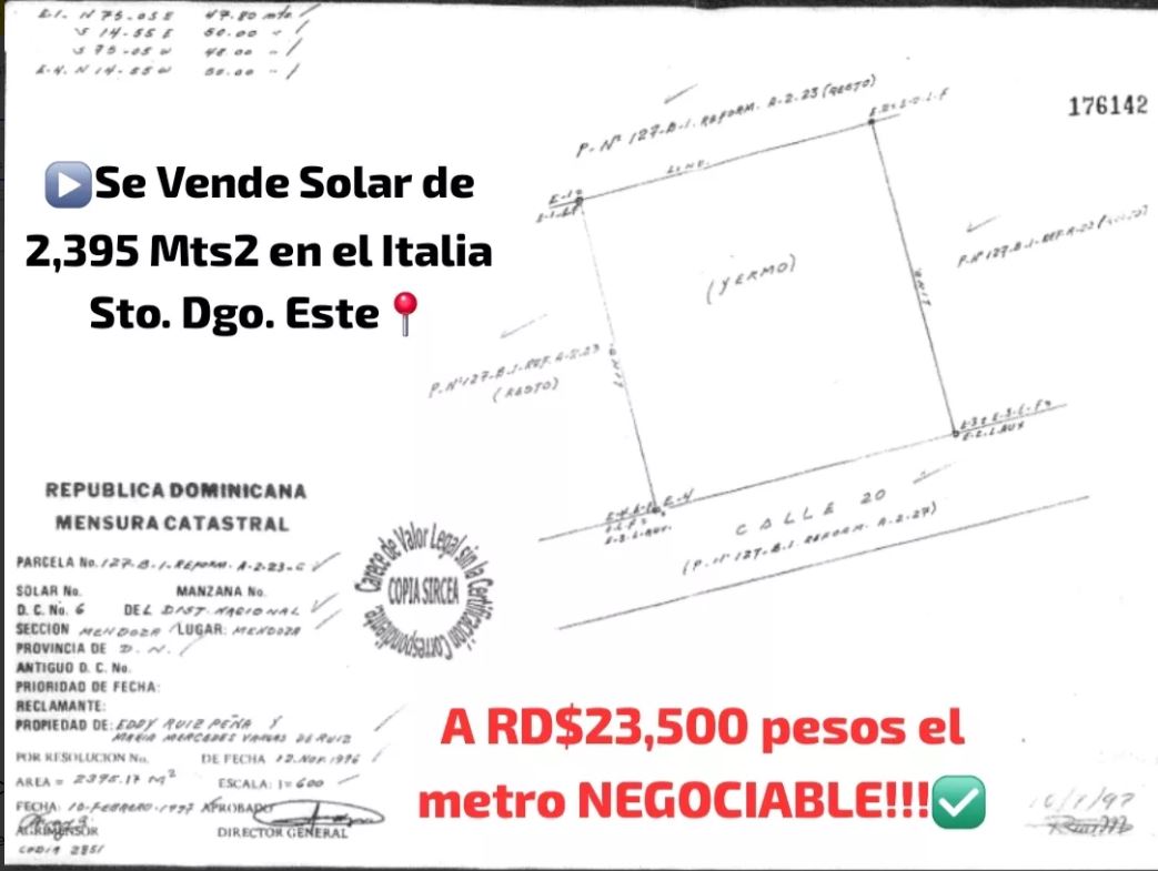 solares y terrenos - Solar en la Urb. Italia Santo Domingo Este 0