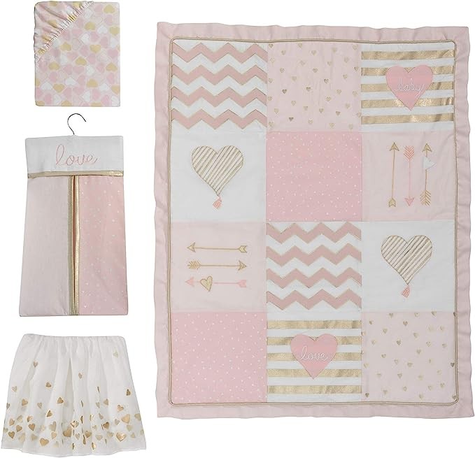 muebles - Juego de ropa de cama para cuna de 4 piezas Lambs & Ivy Baby Love Pink/Gold Hear 6